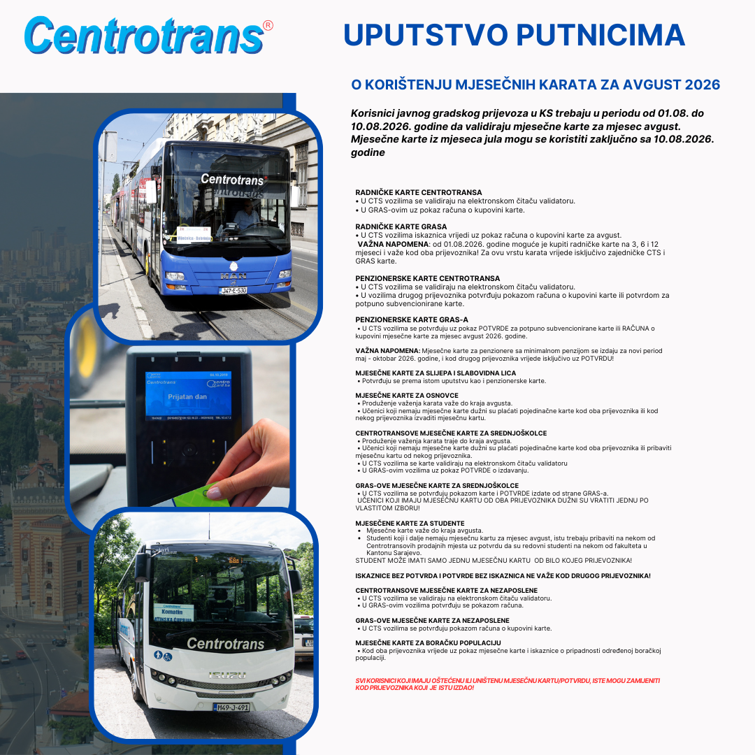 Informacija za putnike – Mjesečne karte za avgust 2026.